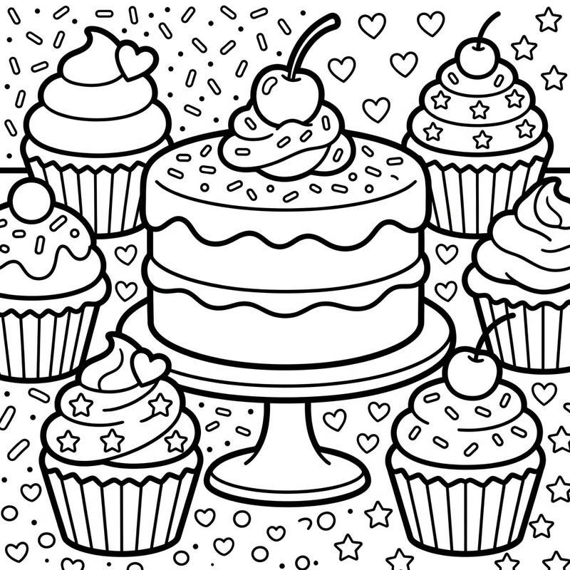 Dive into a world of delicious desserts with this charming coloring page featuring a grand vanilla cake and scrumptious cupcakes. Designed specifically for toddlers, its bold outlines and simple shapes make coloring a joyous and easy adventure.