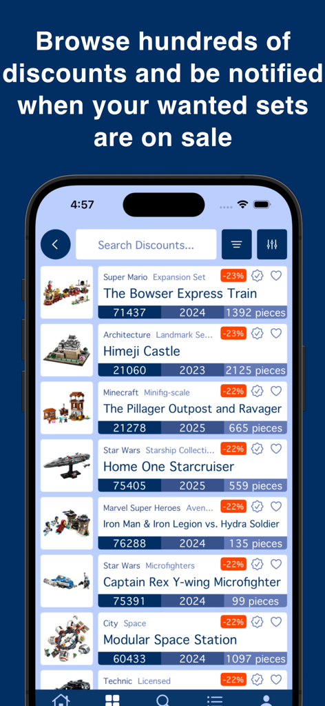 omgbricks for LEGO Sets - A mobile app screen showing a list of LEGO sets with price discounts and collection tracking details