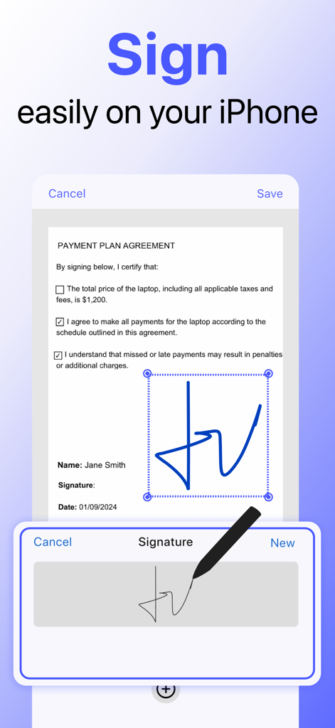 MobiScan: OCR Scanner・Scan PDF - Firma digital siendo añadida a un acuerdo de pago en un iPhone usando MobiScan