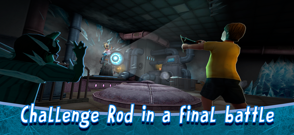 Ice Scream 8: Horror Games - Un personnage vise Rod avec une fronde lors du combat de boss final dans Ice Scream 8.