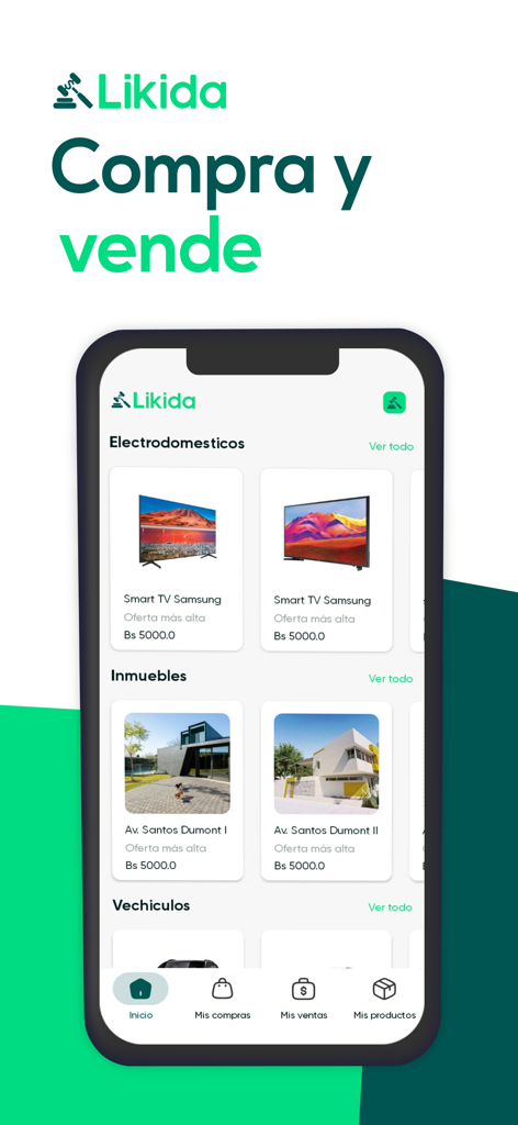 Likida - Likida app home screen showing auction listings for electronics, real estate, and vehicles.
