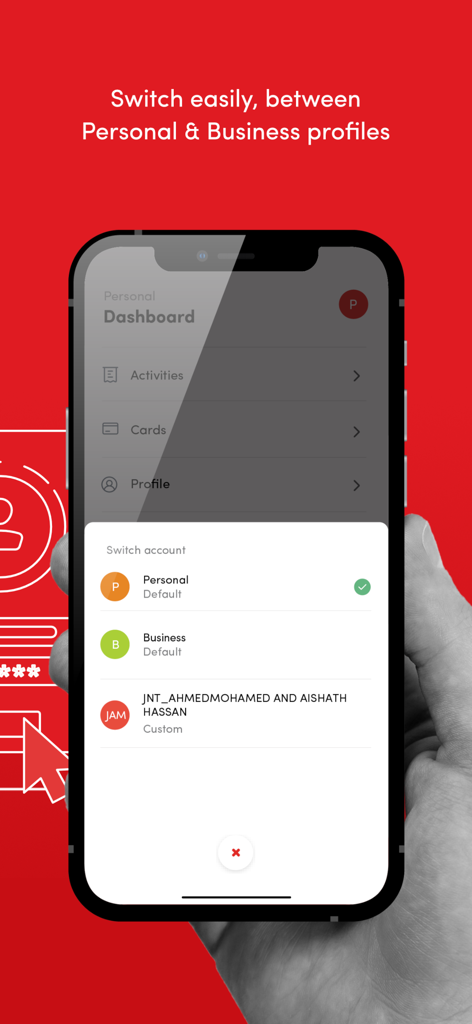 BML Mobile Banking - A mobile phone screen displaying the BML Mobile Banking app account switcher for personal and business profiles.