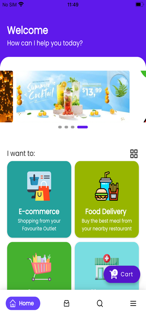 Pantalla de inicio de la aplicación Glover mostrando opciones de entrega de comida y comercio electrónico