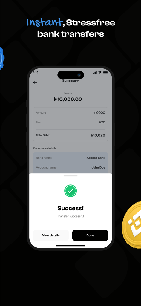 Spenda - Mobile screen showing a successful instant bank transfer confirmation in the Spenda app