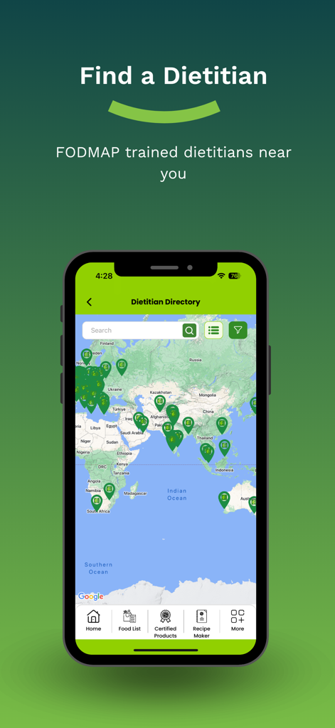 Mobile app screen showing a map of FODMAP trained dietitians