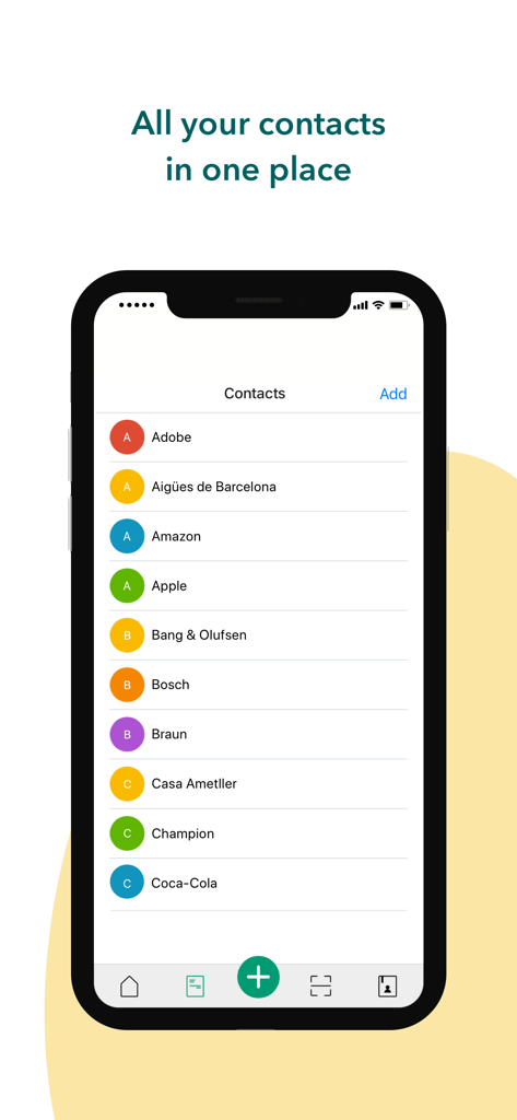 Quipu - Pantalla móvil que muestra la lista de contactos de la aplicación Quipu con varios nombres de empresas y proveedores