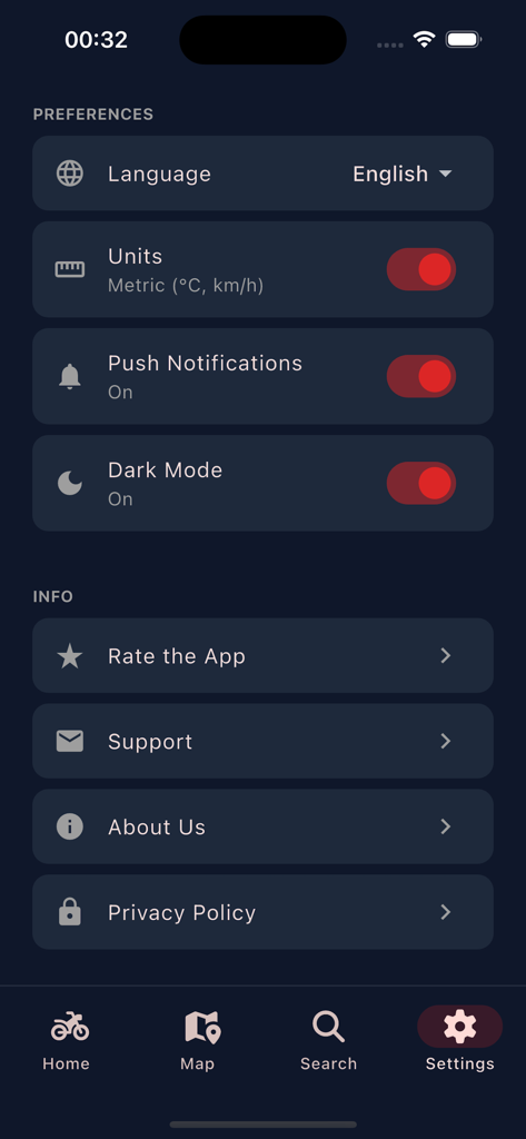 RideDay: Moto & Roads - Menu de configurações do aplicativo de moto RideDay mostrando preferências para unidades, notificações e modo escuro