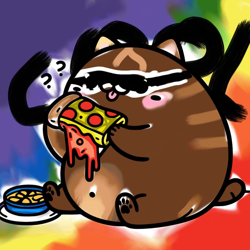 a fat cat eating pizza