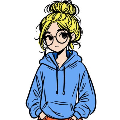 teen girl with a messy bun and glasses wearing a loose hoodie and jeans