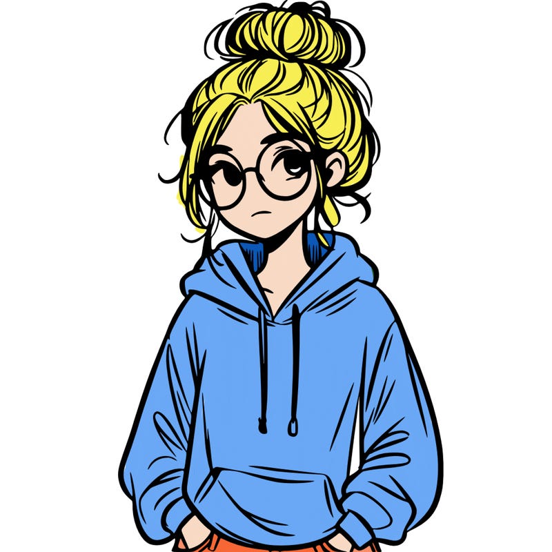 teen girl with a messy bun and glasses wearing a loose hoodie and jeans