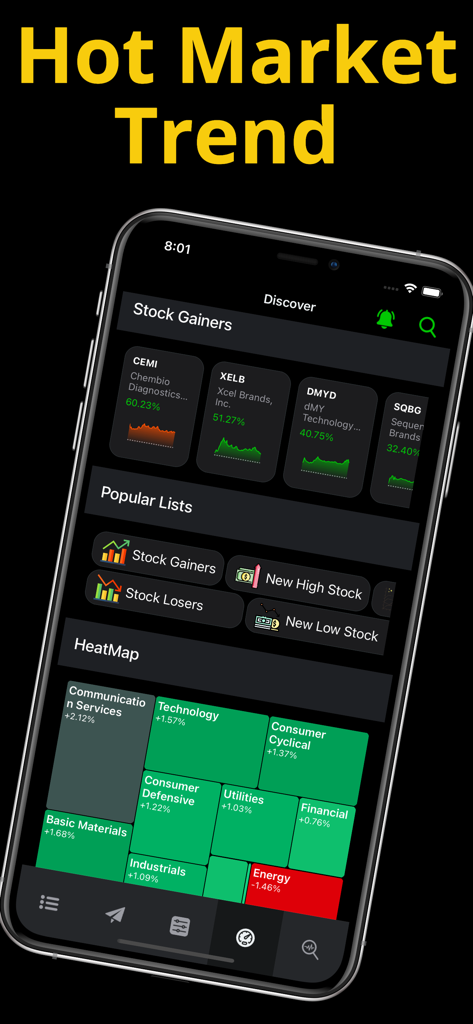 Stock Signals-Screener & Alert - Stock market app interface showing top gainers and a market sector heatmap