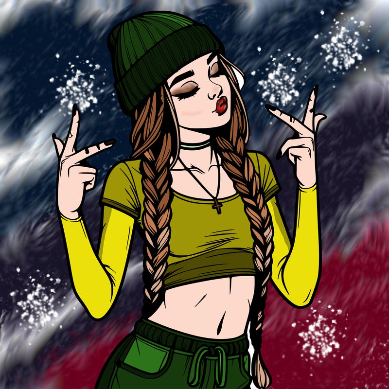 realistic teenage girl with braids and a beanie and crop top doing 🫶🏼