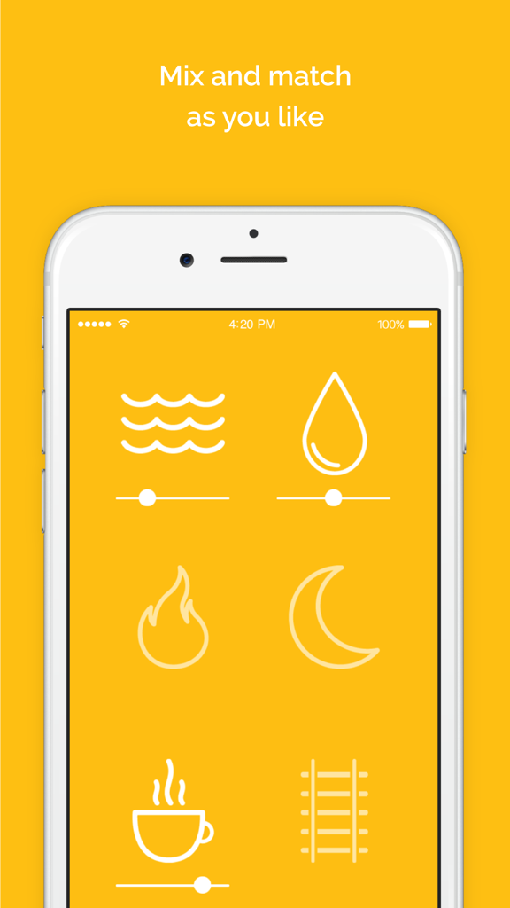 Noisli - Noisli app interface on an iPhone showing ambient sound icons with volume sliders on a minimalist yellow background.