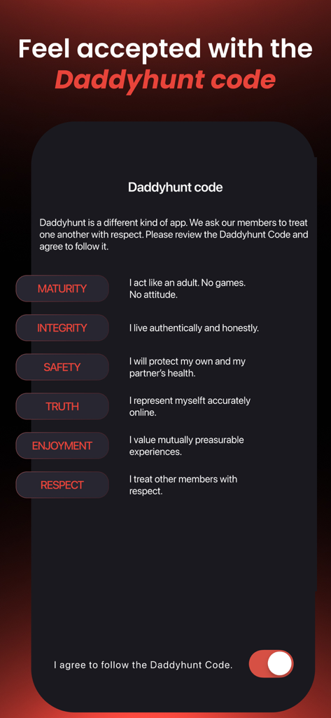 A screenshot of the Daddyhunt app community code listing values like maturity integrity and safety