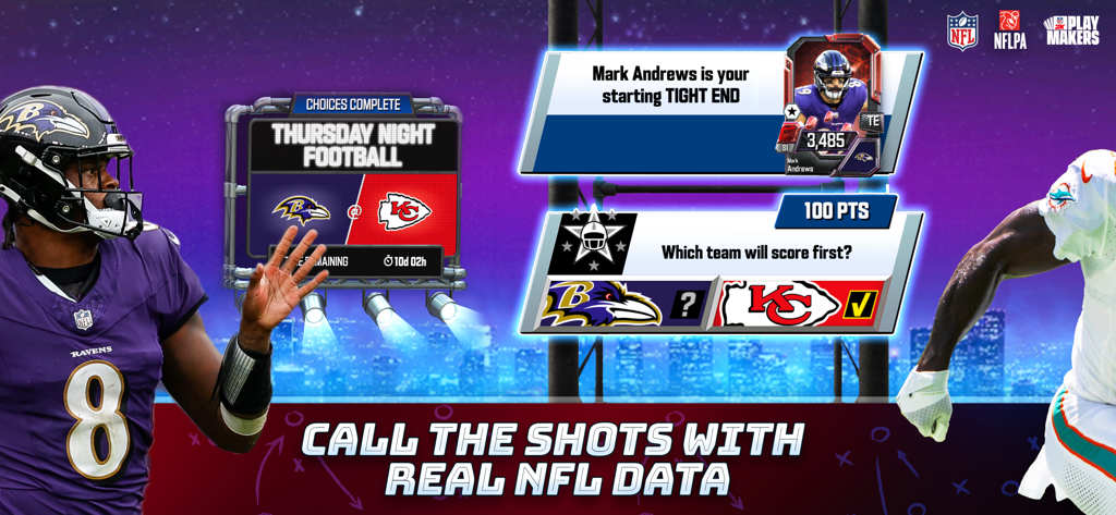 Pantalla del modo de predicción de datos reales del juego móvil NFL 2K Playmakers para un partido entre los Ravens y los Chiefs.