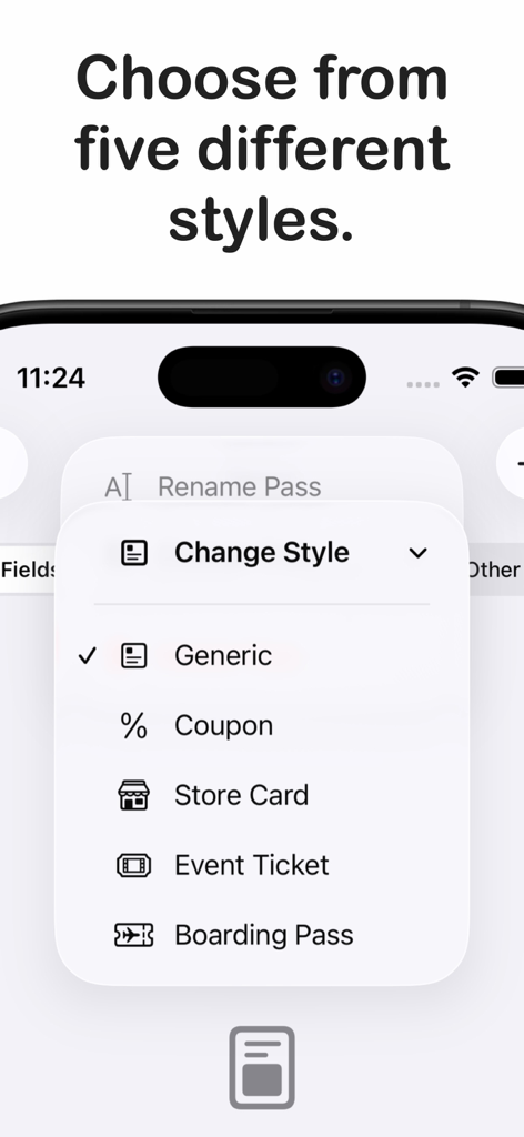 Passmaker app menu showing five different pass styles including Generic, Coupon, Store Card, Event Ticket, and Boarding Pass.