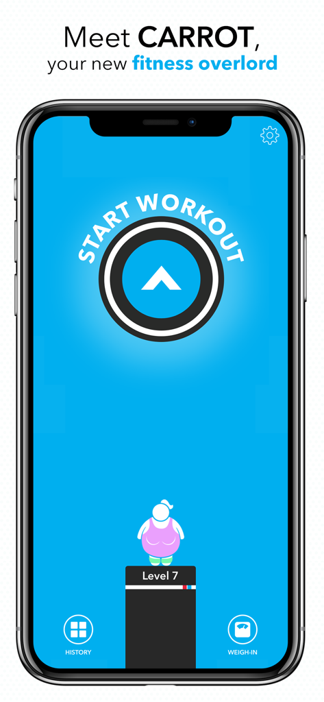CARROT Fit - Pantalla de inicio de la aplicación CARROT Fit que muestra un botón 'Iniciar entrenamiento' y un avatar de personaje de Nivel 7.