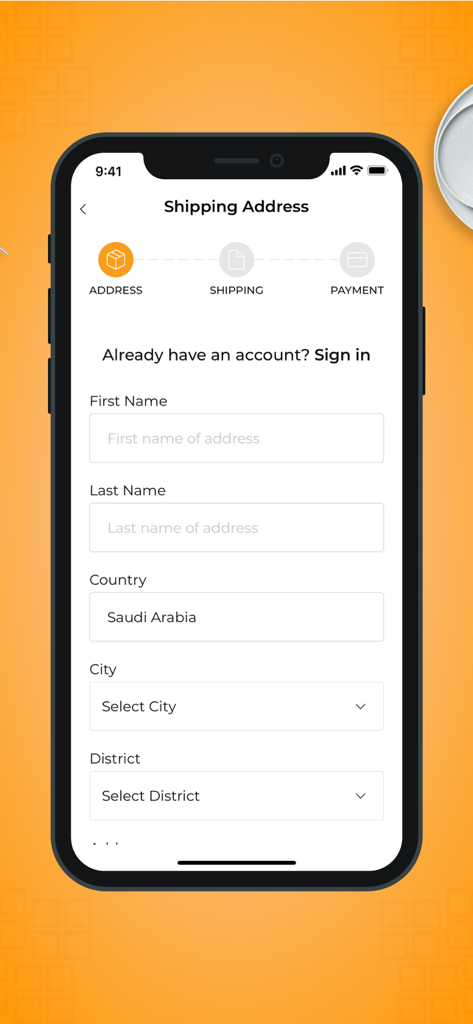 A smartphone screen displaying the shipping address entry form in the Nice Stores mobile application.