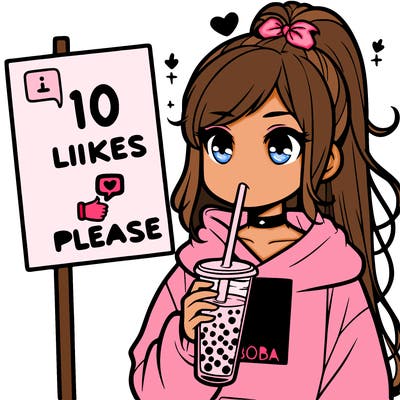 girl with a high ponytail and a hoodie drinking boba staring at a sign saying 10 likes please