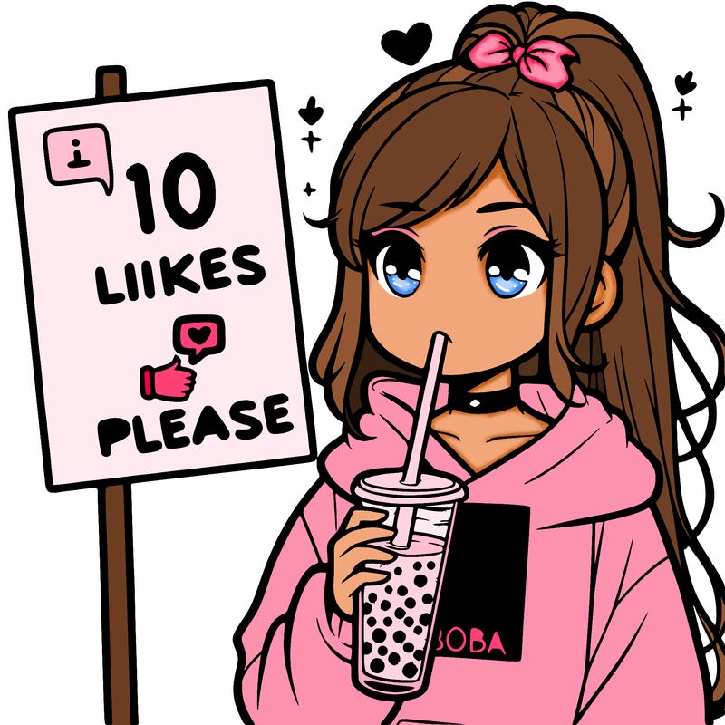 girl with a high ponytail and a hoodie drinking boba staring at a sign saying 10 likes please