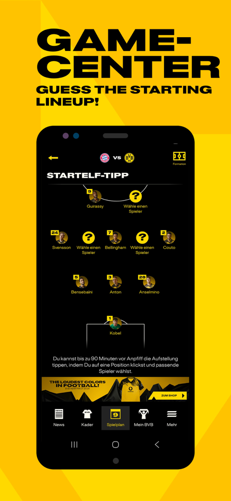 BVB - Offizieller BVB-App-Bildschirm, der die Funktion zur Vorhersage der Startaufstellung im Spielcenter zeigt