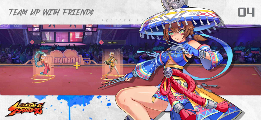 아레나에 있는 애니메이션 여성 파이터가 등장하는 파이터스 레거시 친구와 팀업 화면