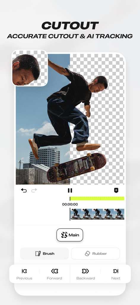 Blurrr-Music video editor - Mobile app interface of Blurrr-Music video editor showcasing the AI cutout and accurate tracking tool with a skateboarder being separated from the background.