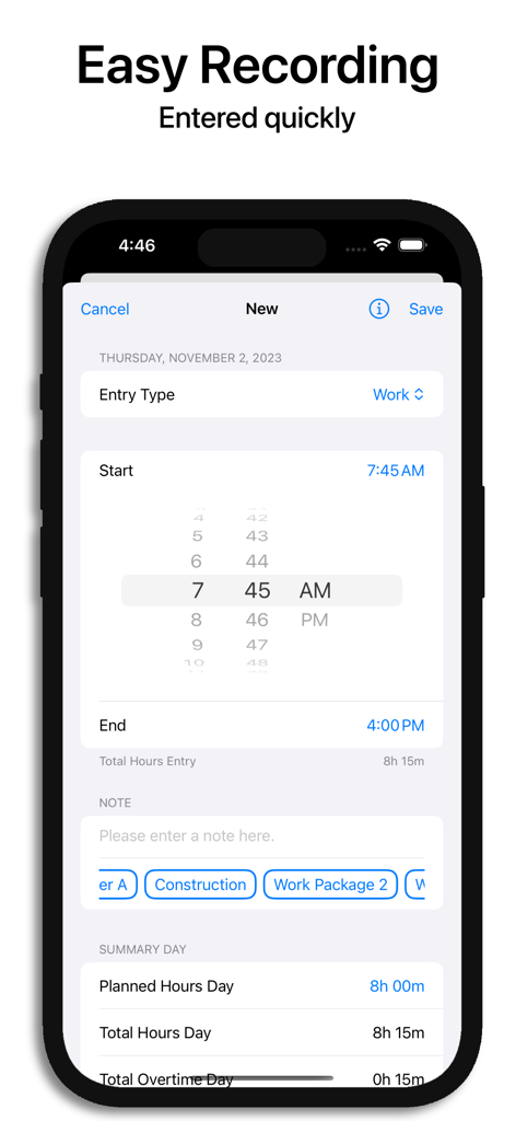 Hours Tracker - myTime - Interfaccia mobile di Hours Tracker myTime che mostra una nuova voce di lavoro con selezione dell'ora e riepilogo giornaliero.
