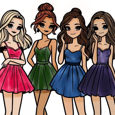four beautiful teen girls in dresses