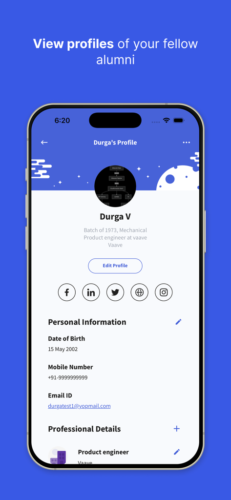 My Alumni Network - A mobile screenshot showing an alumni profile page with personal and professional information on the My Alumni Network app