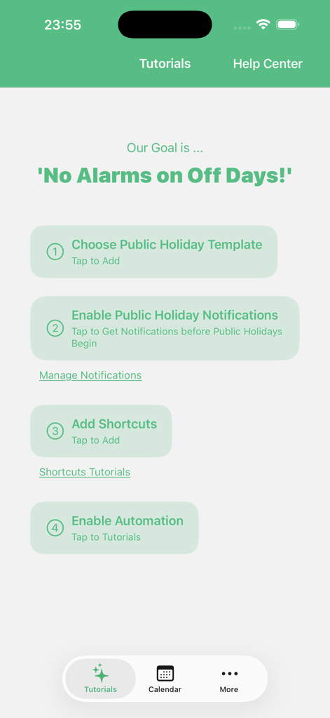 The Off Day app tutorial page displaying steps for holiday templates and automation.