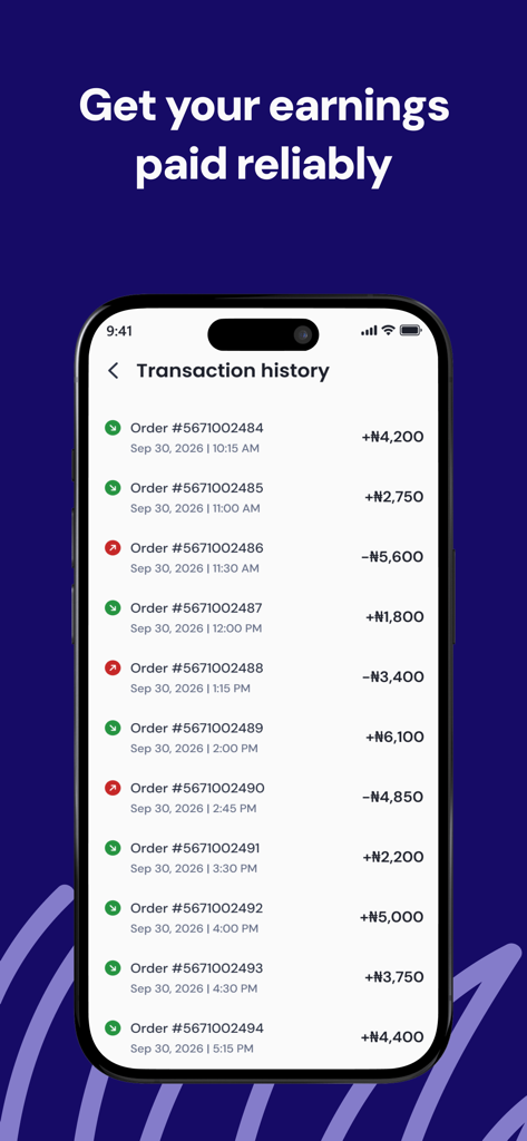 Swoop Rider - Swoop Rider mobile app transaction history screen displaying a list of earnings and dates for completed deliveries