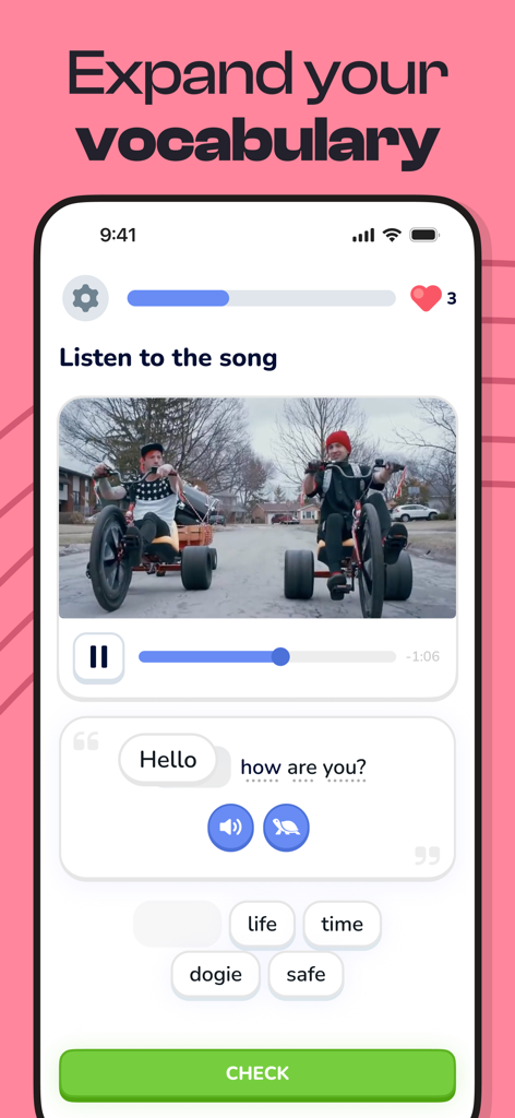 Singit: Learn English & Music - 뮤직 비디오와 영어를 배우기 위한 대화형 어휘 퀴즈를 보여주는 Singit 앱의 화면