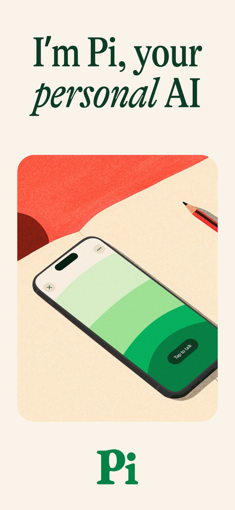 Pi, your personal AI - Pantalla introductoria de la aplicación Pi IA personal con un teléfono inteligente que muestra una interfaz de conversación por voz