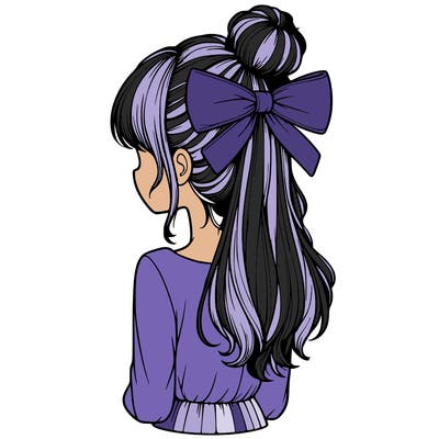 realistic girl  with hip length hair a bun and a big bow on the back of head