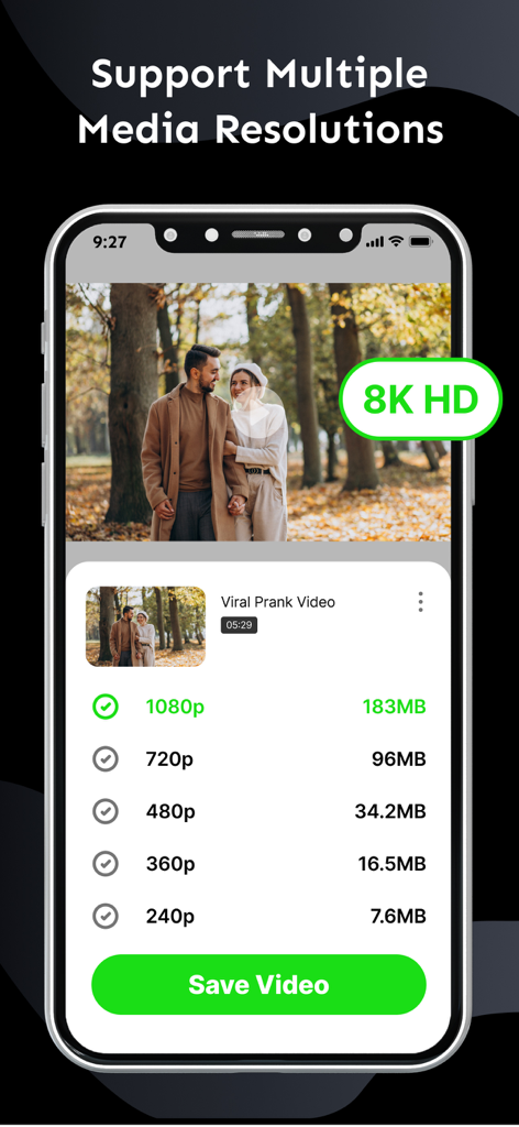 Video Player - All Format 2025 - Interface d'application mobile montrant les options pour enregistrer une vidéo dans plusieurs résolutions, y compris 8K HD et 1080p