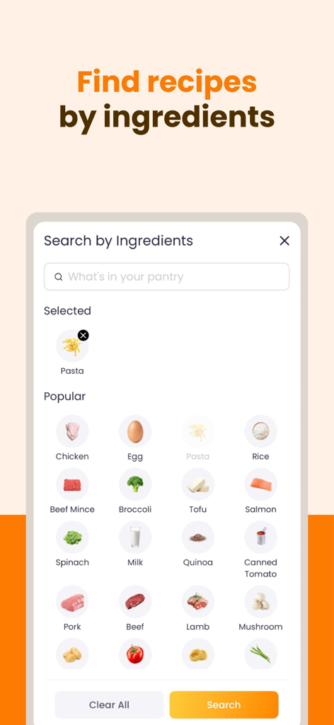 ReciMe: Recipes & Meal Planner - ReciMeアプリのインターフェース。パントリーにある材料を選択してレシピを検索します。