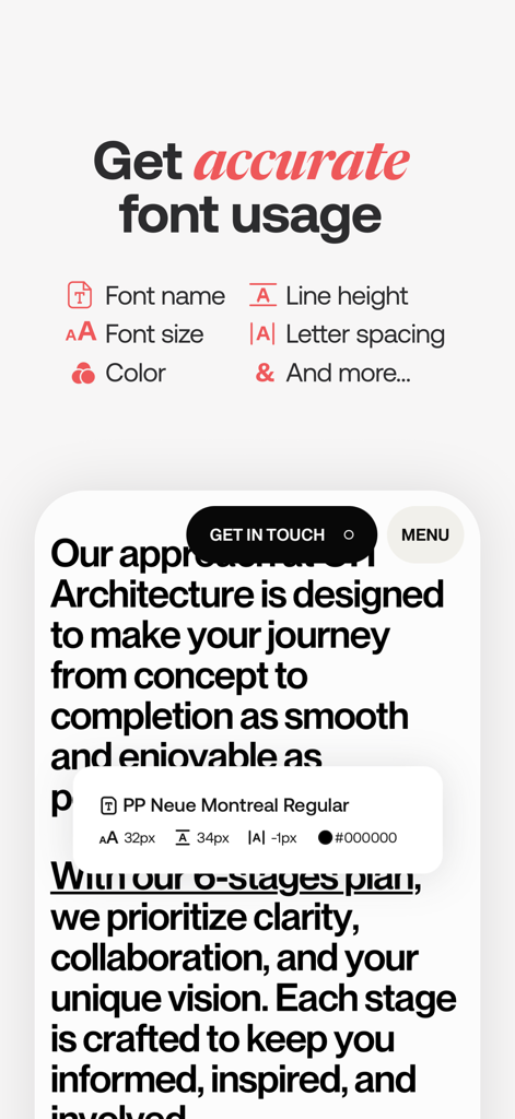 Fonts Ninja app interface identifying font name, size, and style on a web page