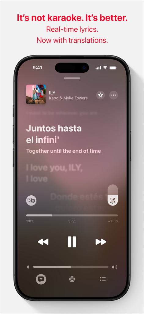 Apple Music - Apple Music Sing feature on iPhone displaying real-time lyrics with English translation