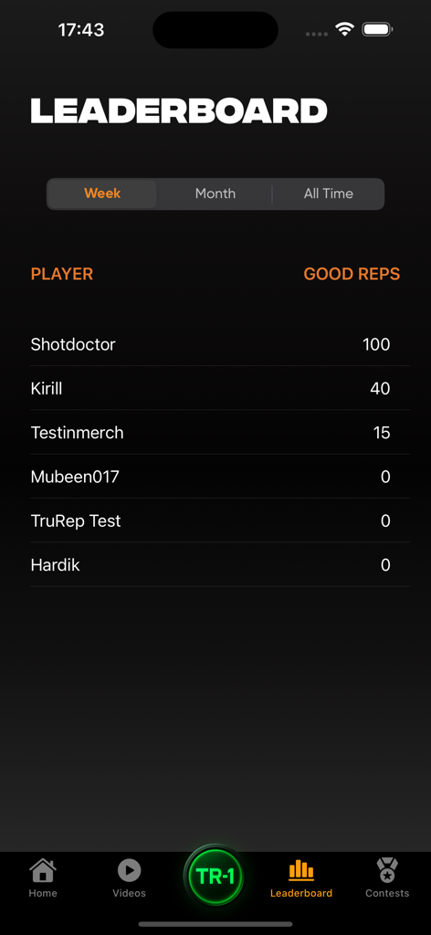 TruRep Basketball Shot Trainer - TruRepアプリのリーダーボード画面、良好なシュートリピートに基づくプレイヤーランキングを表示