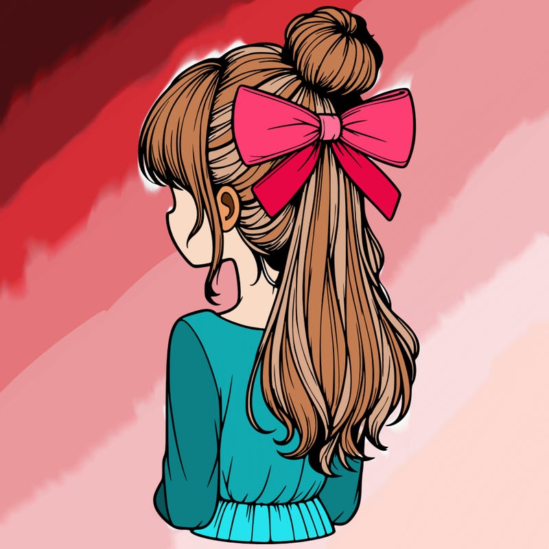 realistic girl  with hip length hair a bun and a big bow on the back of head