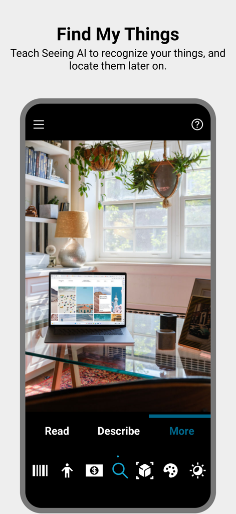 La aplicación Seeing AI mostrando la función Encontrar mis cosas para localizar objetos personales
