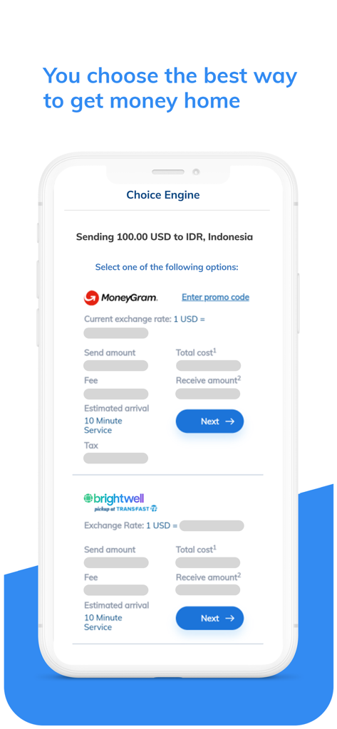 Oberfläche der Brightwell Navigator App, die Optionen für Geldüberweisungen für Besatzungsmitglieder zeigt, um Geld nach Indonesien zu senden.