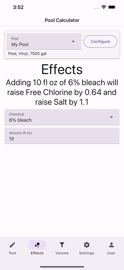 Pool-Calculator app interface showing the estimated chemical effects on chlorine and salt levels when adding bleach to a pool.