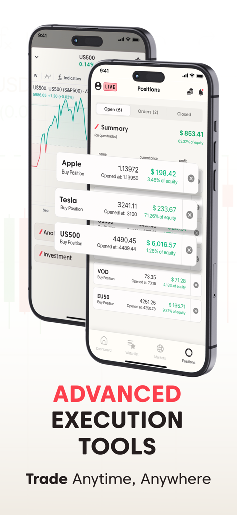 Axi Trading Platform - Axi mobile trading app screens showing live trade positions and professional execution tools