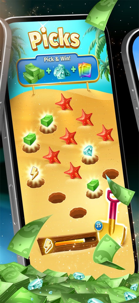 Solitaire Stash: Win Real Cash - 플레이어가 현금과 다이아몬드 보상을 위해 모래를 파는 솔리테어 스태시의 해변 테마 미니 게임