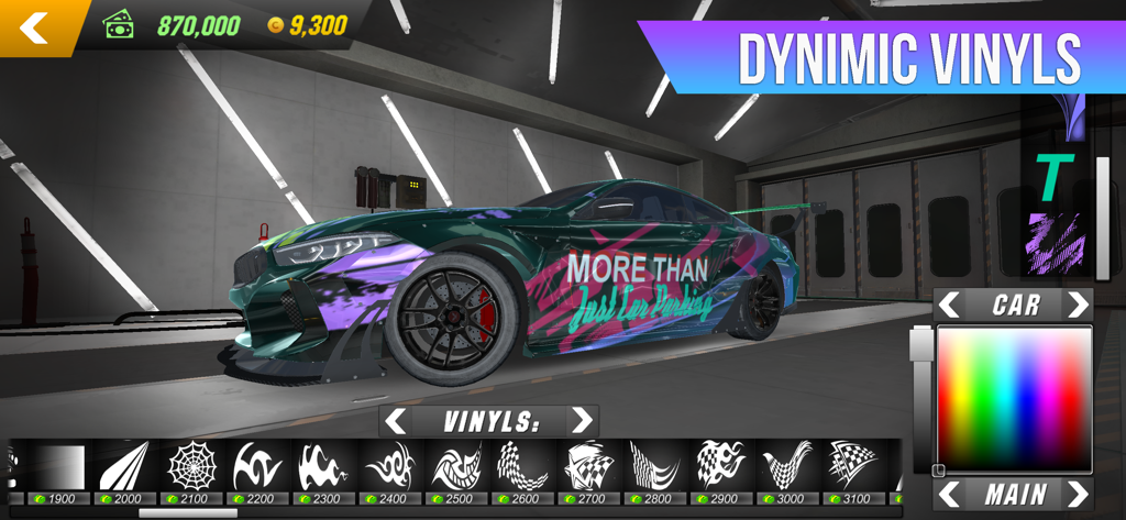 A green sports car being customized with colorful dynamic vinyls and stickers in the garage interface of Car Parking Multiplayer.
