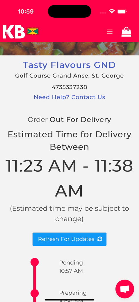 KariBites - KariBites app screen displaying real time delivery tracking status and estimated arrival time for a food order in Grenada