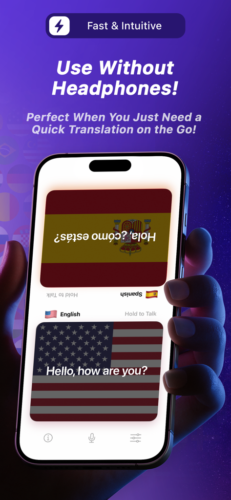 AirTranslator AirPod Translate - iPhone displaying the AirTranslator app interface for face-to-face conversation without headphones