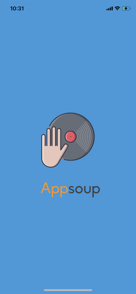 DJ Scratch Sound Effect - Splash screen of the DJ Scratch Sound Effect app featuring a hand on a vinyl record and the Appsoup logo